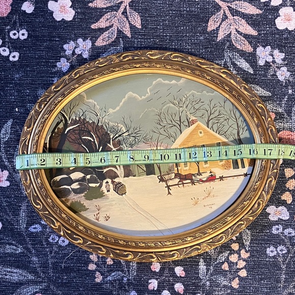 Vintage Winter Scene Oval 18” x 14” Framed original Painting signed - Picture 11 of 12
